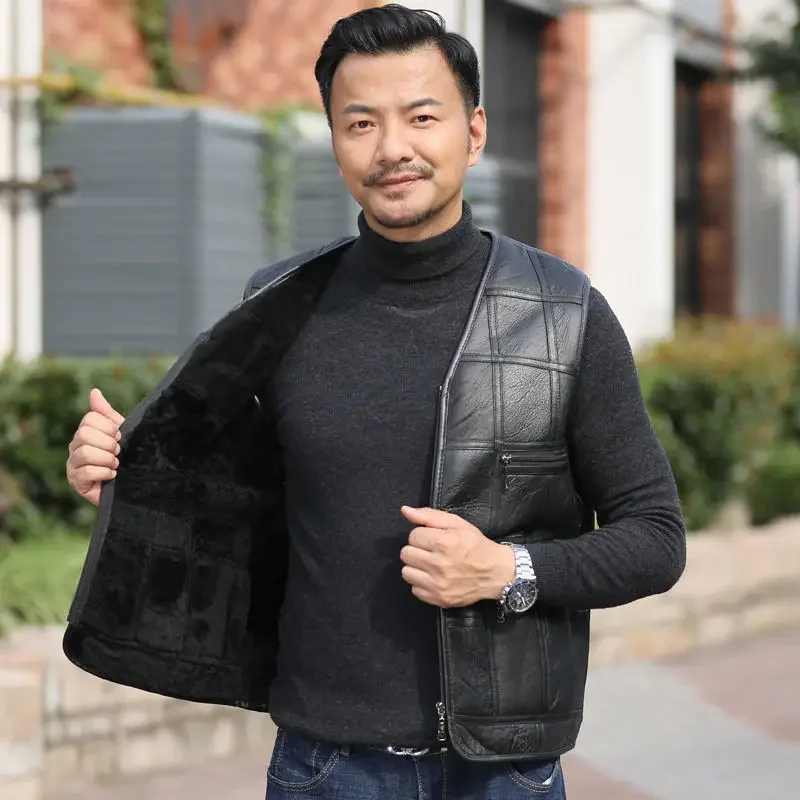 

2023 Autumn Winter Men's New One Piece Leather Vest Male Thick Warm Sheepskin Vest Ladies Wool Fleece Sleeveless Coats D390