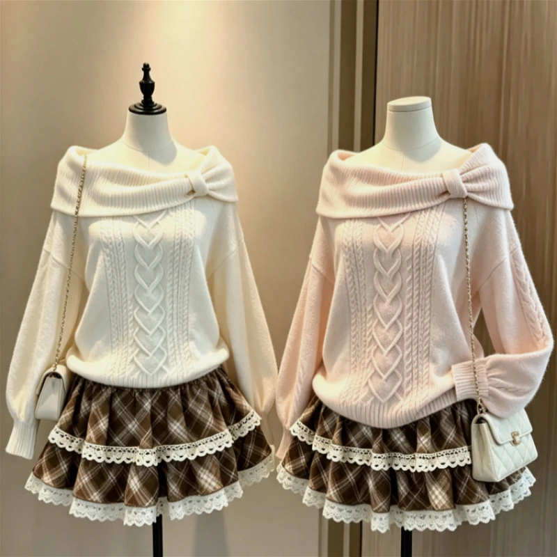 Sweet Bow Off‑Shoulder Cable Knit Sweater Women Y2K Long Sleeve Sleeve Pullover Winter Cute Lolita Knit Tops Daily Party Wear