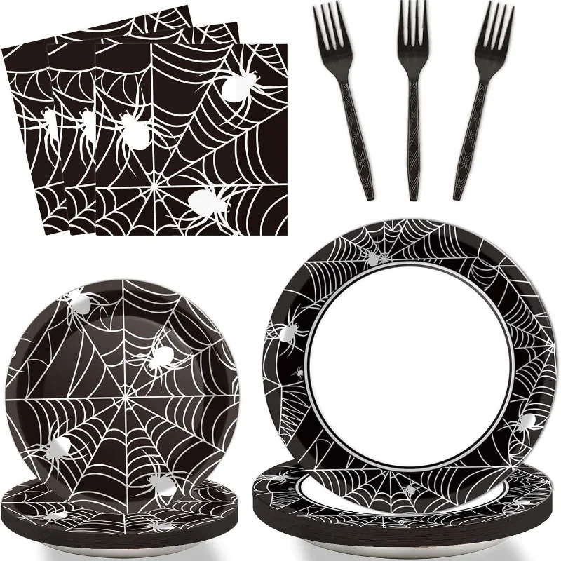 96pcs Halloween Spider Themed Party Tableware Paper Plate Paper Towel Fork Set Non-coated Varnish Craft