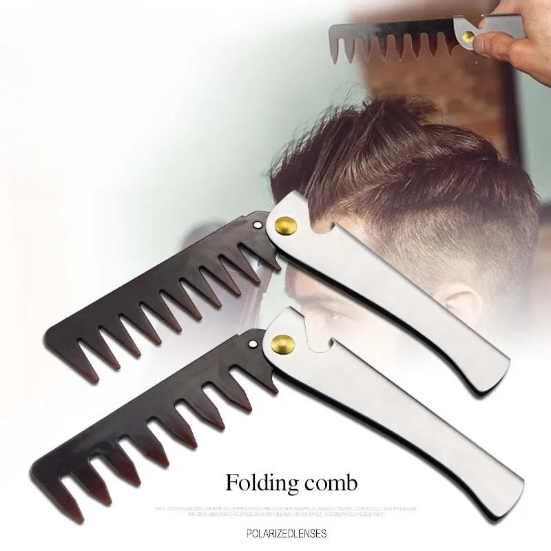 Oil Head Comb Barber Stainless Steel Handle Folding Wide Teeth Men Comb Hairdressing Hair Modeling Styling Comb Portable Vintage 2