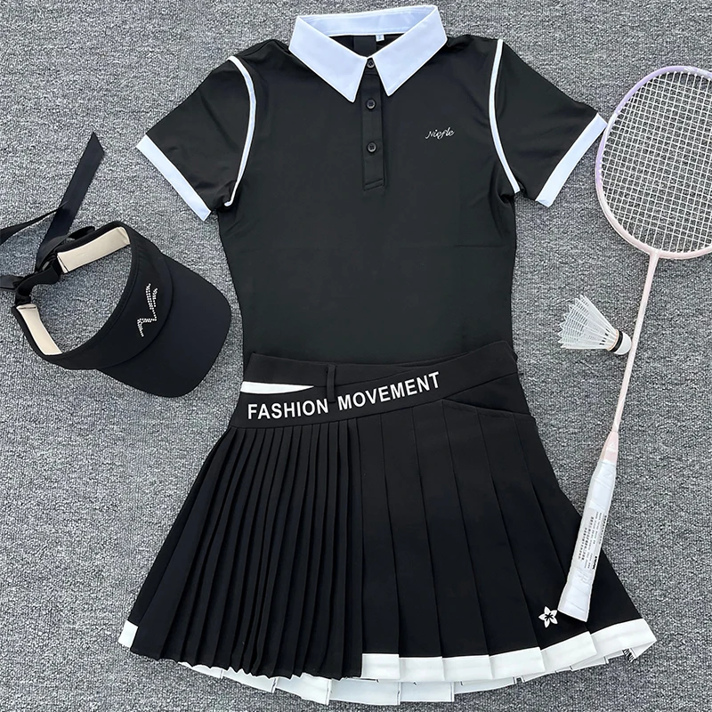 Golf Women's Autumn New Short Sleeved Top, Quick Drying and Slimming Fashion, High-quality Short Skirt, Outdoor Leisure Sports
