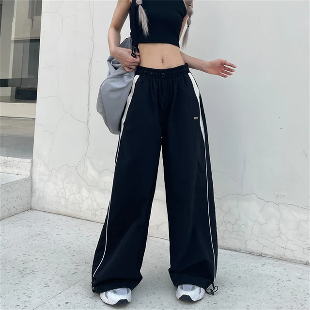 Plus Size Retro Baggy Pant For Women Petchwork Elastic High Waist Y2K Fashion Joggers Pants Lady Casual Streetwear Chic Trousers