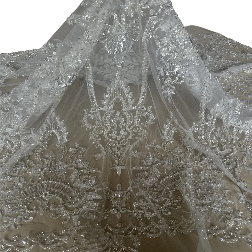 

French Beaded Tulle Lace Fabric S-1406828 High Quality African Net Lace Fabrics With Sequins For Evening Dresses