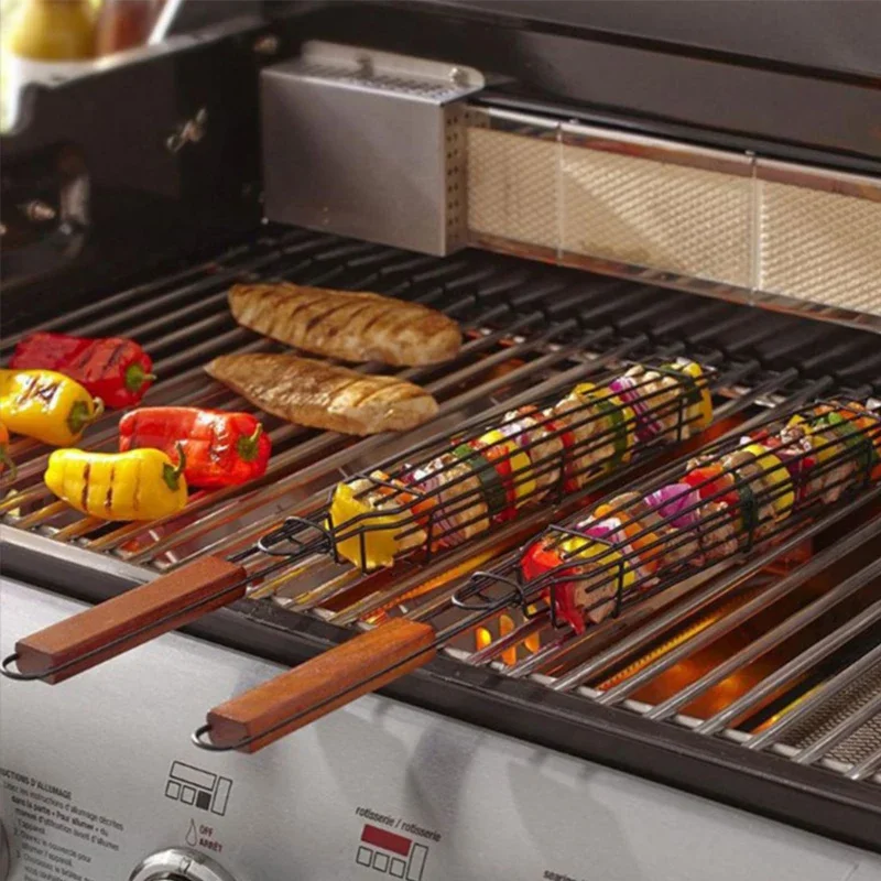 BBQ Grilling Basket BBQ Grilling Accessories Camping BBQ Grill Basket Portable Stainless Steel Non-Stick Reusable Durable BBQ Vegetables Outdoor Tools