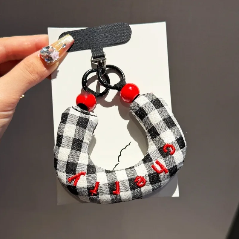 Cotton-Filled Embroidered Grid Fabric Mobile Phone Lanyard - Handheld, Anti-Loss, and Portable Accessory