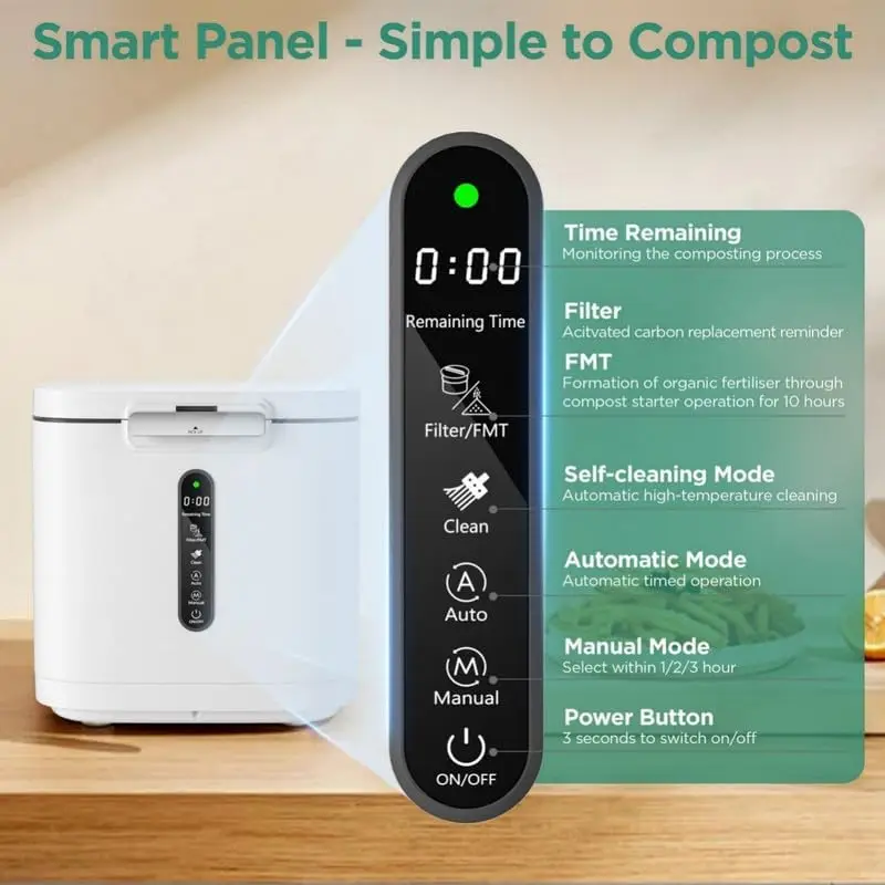 4L Electric Composter for Kitchen, Smart Compost Bin Outdoor/Indoor, Odorless/Auto-Cleaning/ 3 Modes/Intelligent LED Display 5