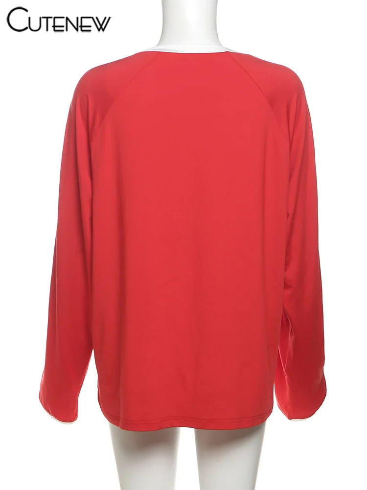 Football Track Women T-shirts Autumn Printed Striped Long Sleeve V-neck Oversized Tops Female Active Casual Streetwear