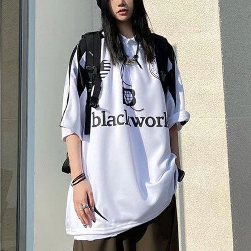 

Men Polo Shirt Retro Locomotive Short Sleeves Loose Women Letter Printing Casual Buttons Turndown Collar Daily T-shirts Tops