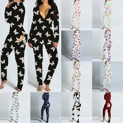 Women Home Wear Jumpsuit Printed Button-type Button-flip Adult Pajamas Long Sleeve Overall