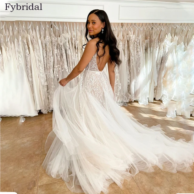 Sexy Spaghetti Straps Tulle Wedding Dress Vestido Sleeveless V-neck Backless Bride Dresses Robe De Mariage main image 0