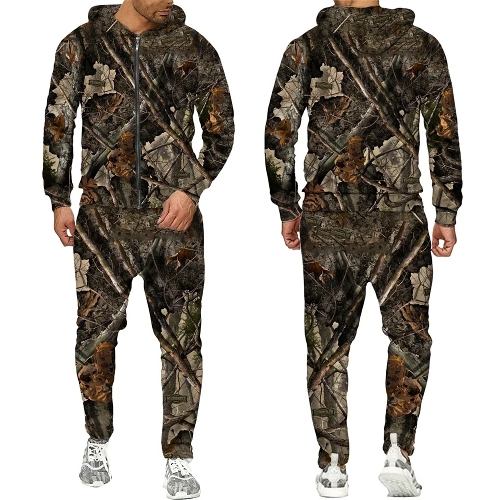 Autumn and Winter Maple Leaves Camouflage 3D Zipper Tracksuits Men Outdoor Fishing Camping Hunting Sets Unisex Streetwear Suits