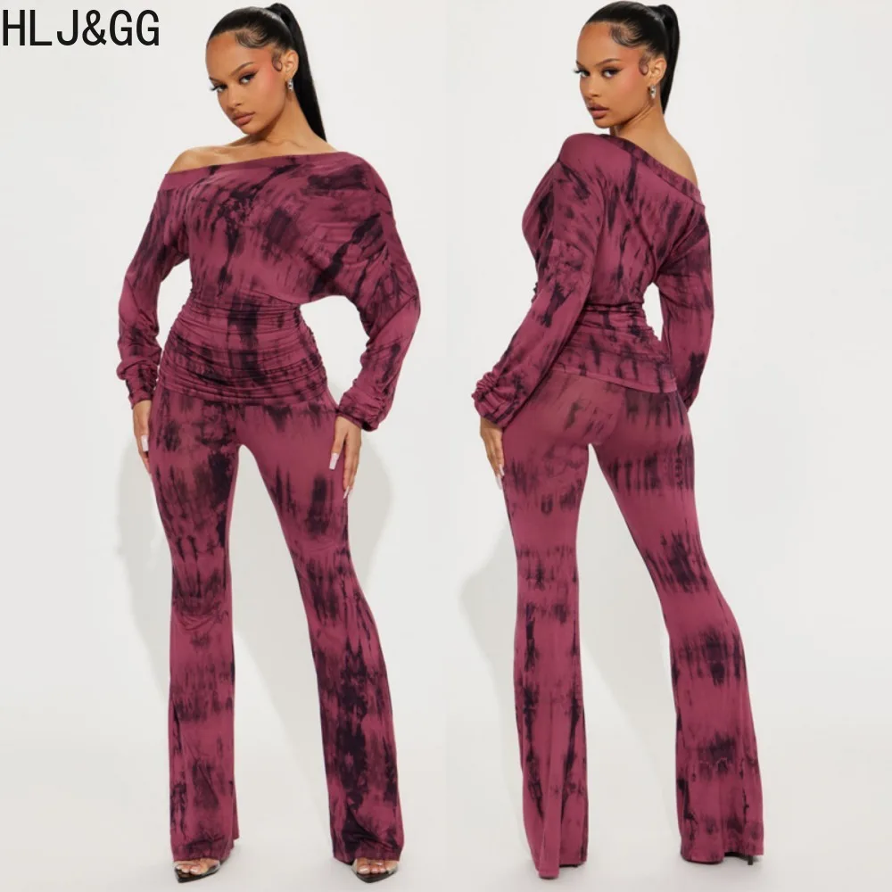 HLJ&GG Fashion Printing Off Shoulder Two Piece Sets Women Long Sleeve Slim Top And Flared Pants Outfits Female 2pcs Streetwear adogirl women two piece outfits leggings and top fitness sets casual jogging femme slim sportswear solid workout matching sets