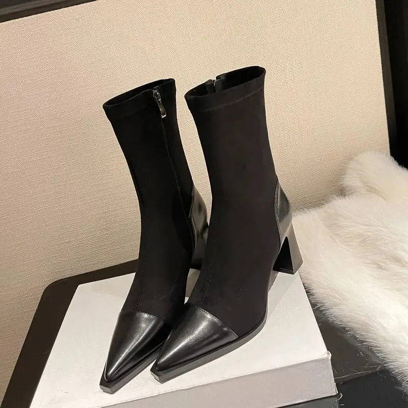 

Stretch Boots Spring And Autumn Women Boots, Genuine Leather Cowhide,Calf Height,Pointed toe
