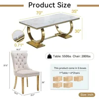 70-Inch Modern Imitation Marble Dining Table Set with 6 White Velvet Upholstered Elegant Chairs - Image 6