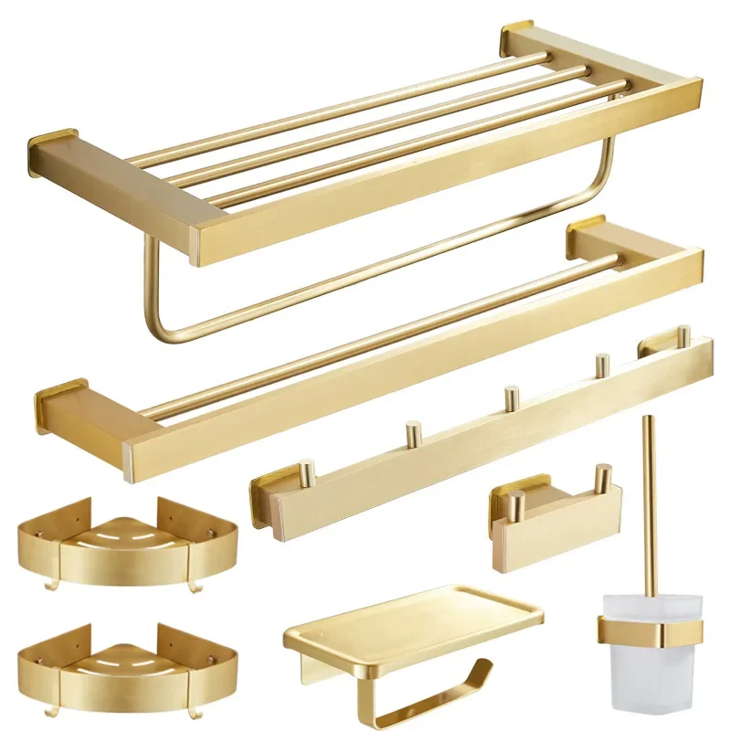 Brushed gold space aluminum towel rack bathroom wall mounted towel storage rack bathroom hardware pendant holder