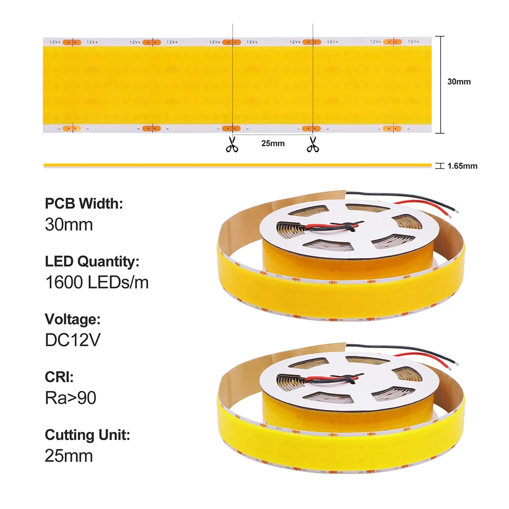 1600 LED COB LED 스트립 DC 12V 24V 5열 2핀 와이어 3000K 4000K 6000K 플렉시블 램프 0.5m 1m 2m 3m 4m 5m 가정용 조명