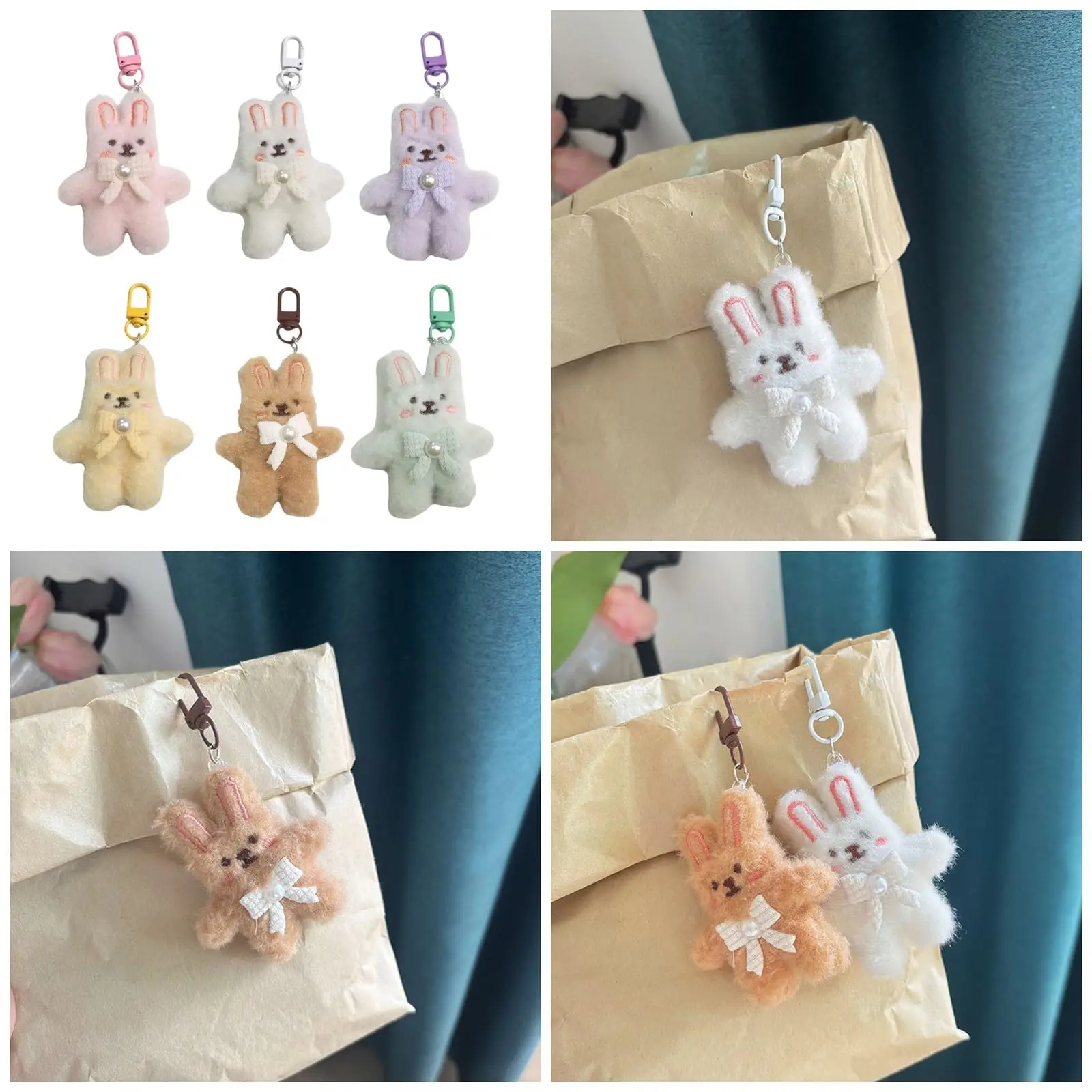 Bowknot 3D Rabbit Plush Keychain Cute Fluffy Bunny Keyring for Girls Soft Stuffed Car Key Ring Backpack Bag Pendant Gift