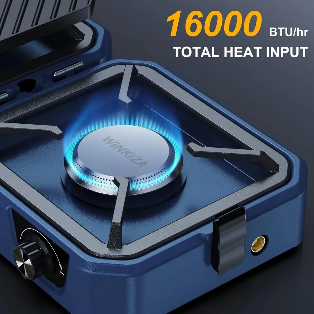 Upgraded 2 Burner Propane Camping Stove with Grill，Foldable Camp Stove with16,000 BTU，Two Adjustable Burners with Piezo Ignition 4
