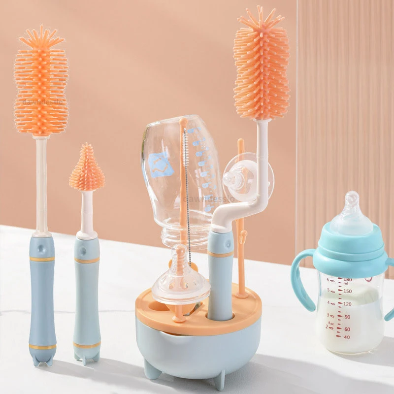 Baby Silicone Bottle Brush Long Handle Cleaning Brush Drying Rack