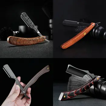 trimmer in legno rasoio manuale professionale bordo dritto in acciaio inossidabile affilato rasoio da barbiere lama da barba pieghevole rasatura barba taglio 1