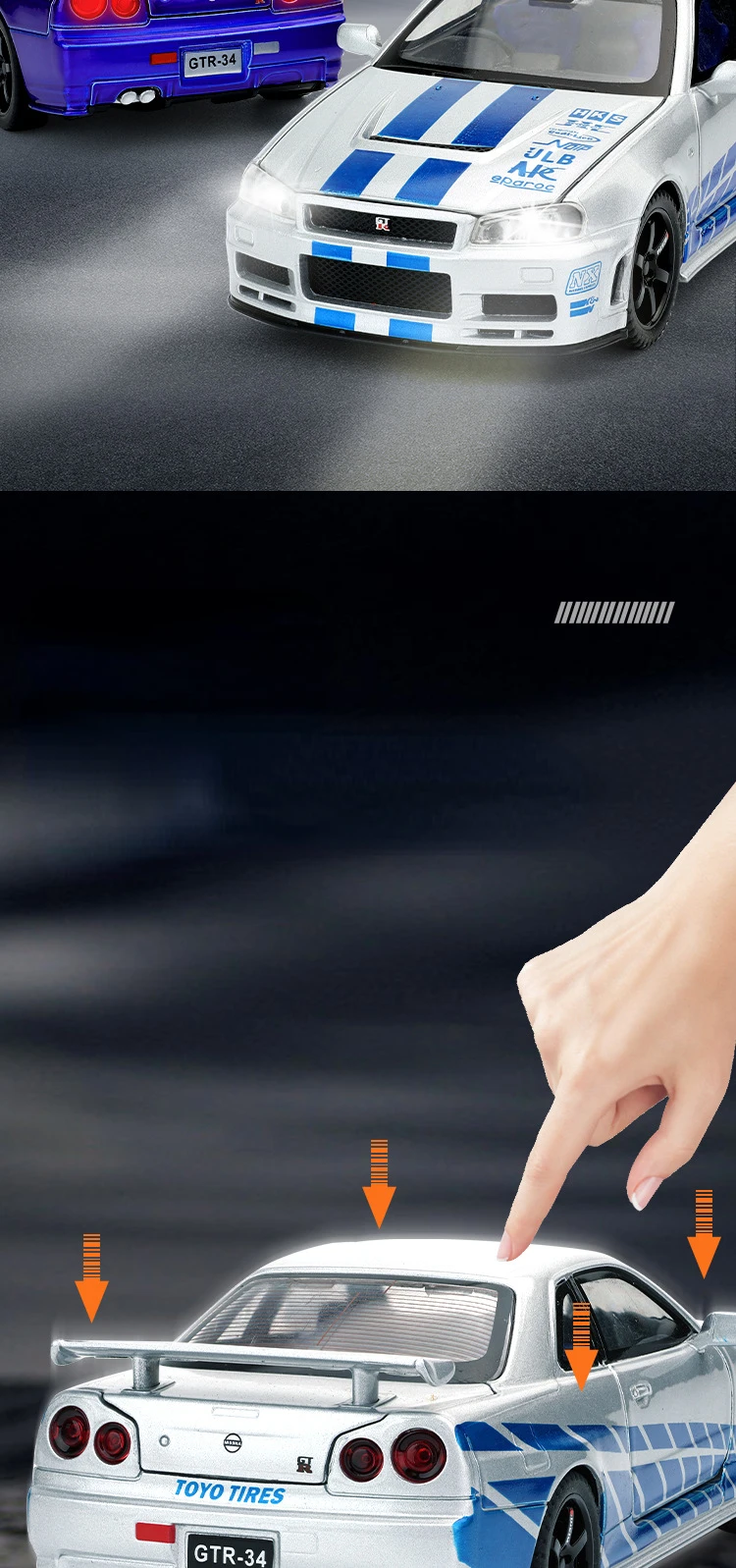 1:32 Nissan Skyline GTR R34 Alloy Model Car Diecast Vehicle Sound