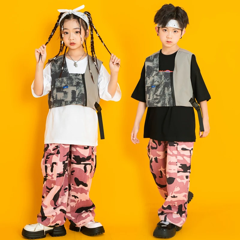 

Teenage Showing Outfits Kids Hip Hop Clothing Vest Shirt Tops Pink Camo Pants For Girls Boys Jazz Dance Costume Street Clothes