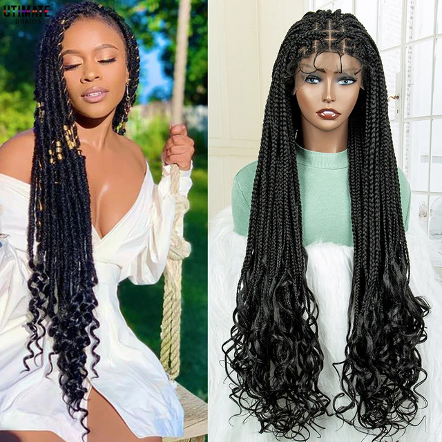 Boho Box Braid Wigs Curly Ends Square Part Braided Lace Front Wigs Pre  Plucked With Baby Hair For Women Blonde Box Braided Wig - AliExpress