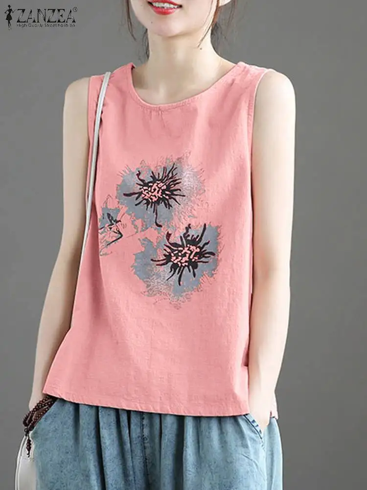 

2023 ZANZEA Fashion Sleeveless Tank Tops Bohemian Floral Printed Blusas Summer Woman Blouse Casual Shirt Elegant Beach Chemise
