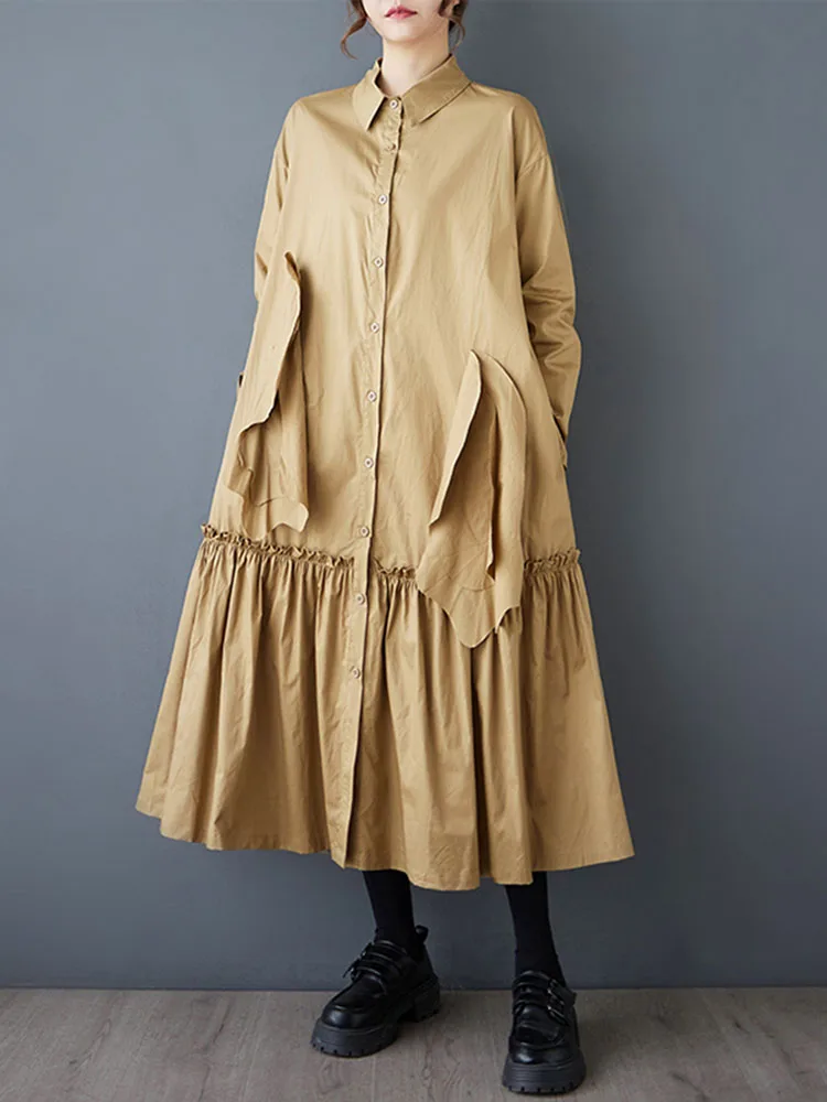 2025 Spring Autumn New Black Vintage Pleated Shirt Dresses For Women Ruffles Long Sleeve Loose Casual Dress Fashion Clothing