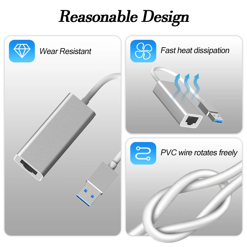 1000Mbps의 USB-A 기가비트 이더넷 어댑터, 알루미늄 케이스, 컴팩트하고 휴대 가능하며 노트북 데스크탑용 내마모성 빠른 냉각 기능