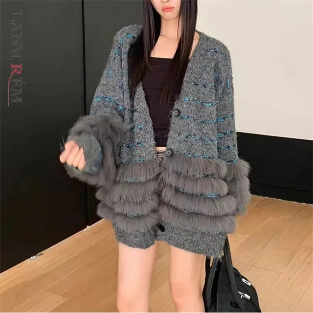 LANMREM 2025 New Knitted Cardigan For Women Korean Style Autumn Winter Faux Mink Fur Patchwork Design Trend Sweater Coat 2DB4497