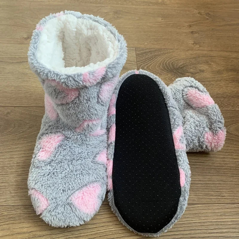 Winter Home Slipper Boot Women Heart Love Non Slip Warm Children Fleece Soft Indoor Plush Cotton Female Floor Shoes House Men