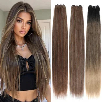 30 Inch 200g Coffee Ombre Brown Orange Soft Hair Weaving Synthetic High Temperature Highlight Piano Blonde Straight Hair Bundles 1