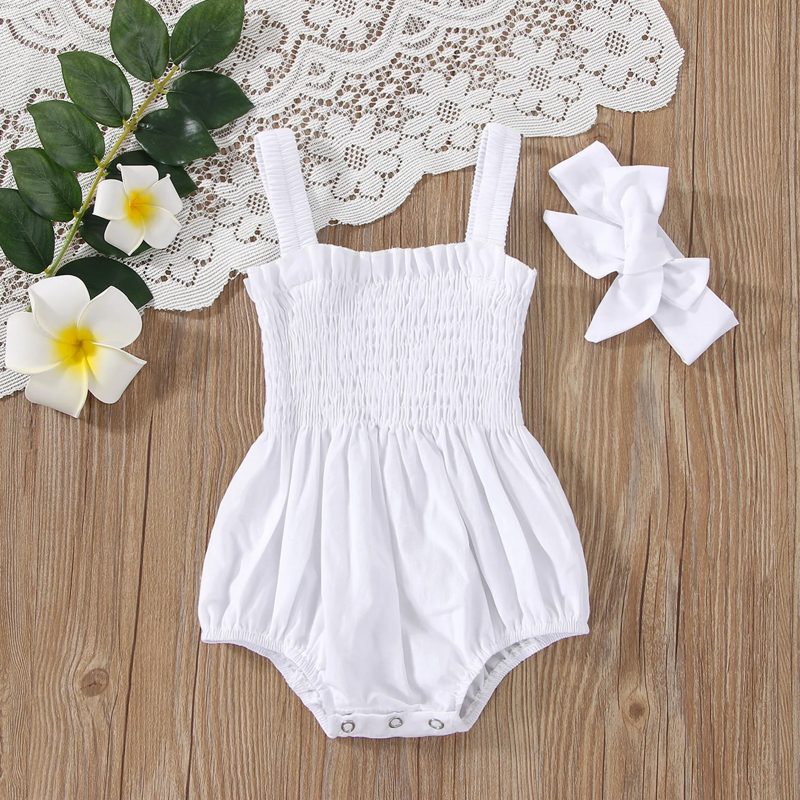 Citgeett Summer Infant Baby Girls Jumpsuit Outfit Solid Color Casual Sleeveless Suspender Jumpsuit Headband Clothes 4