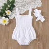 Citgeett Summer Infant Baby Girls Jumpsuit Outfit Solid Color Casual Sleeveless Suspender Jumpsuit Headband Clothes 4