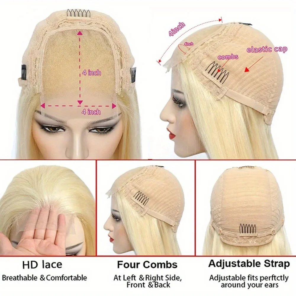 613 Blonde Human Hair Wig 4x4 Transparent Lace Front 250% Density Pre Plucked Natural Hairline Straight Blonde Lace Frontal Wig 5