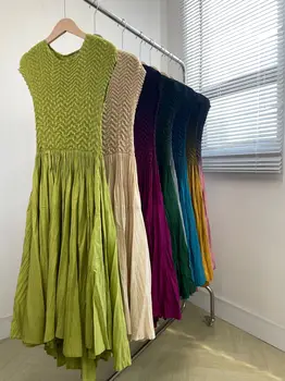 2024 Summer Miyake Gradient Printing Pleated Slim Fit Round Neck Sleeveless Gradient Splice Dress 1