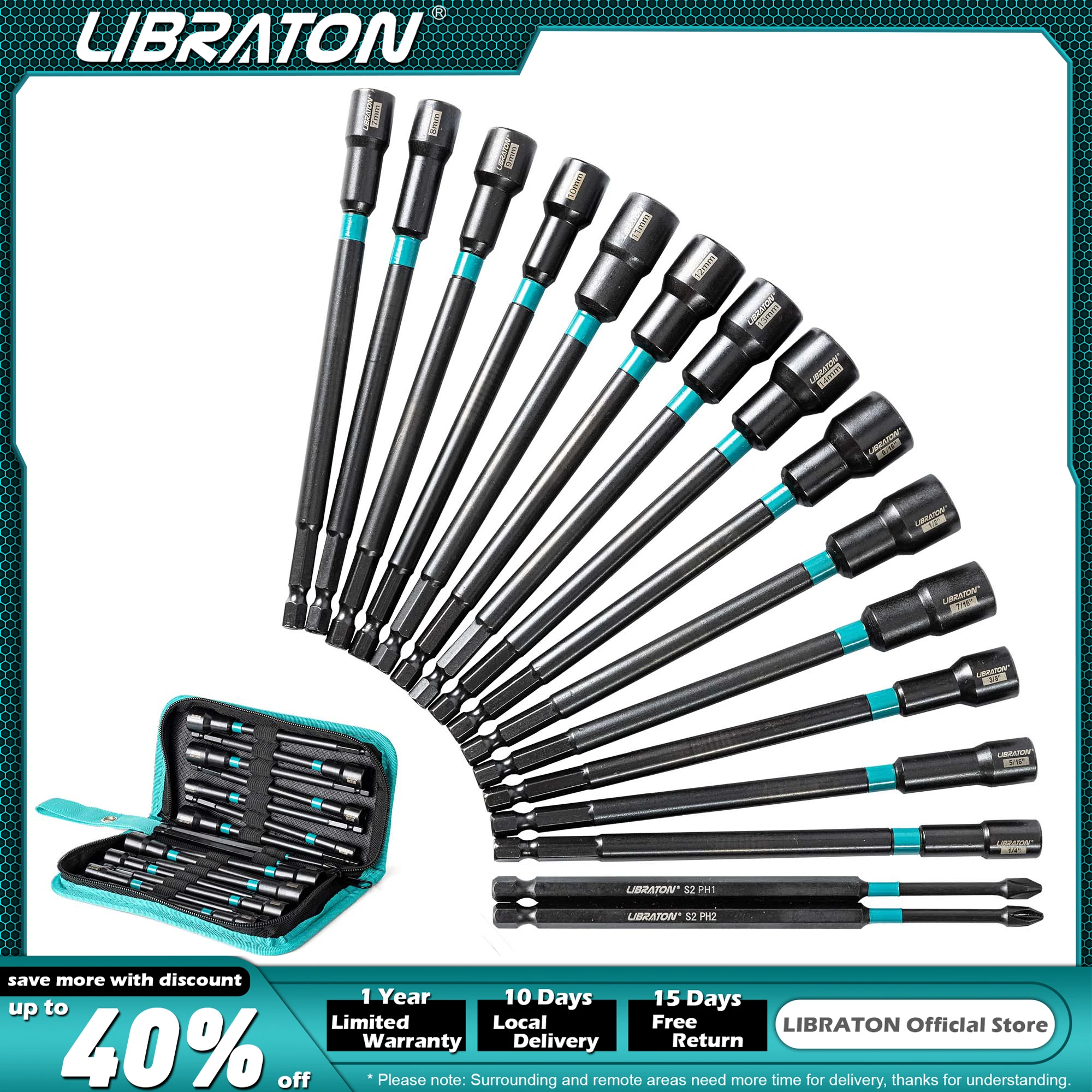 Libraton 16PCS Nut Driver Set, 6" Nut Drivers Metric & SAE Nut