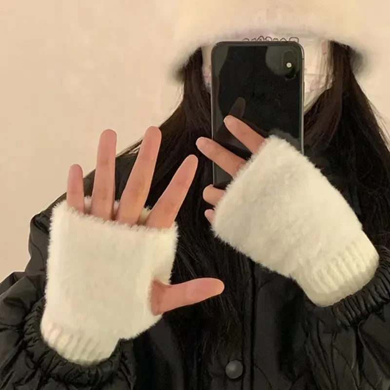 Autumn Winter Fleece Fingerless Gloves Women Plush Knitted Half Finger Gloves Wrist Mittens Driving Writting