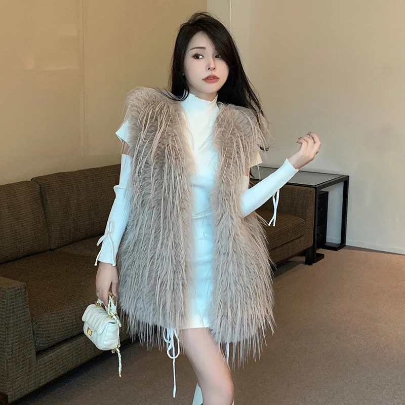 

Winter Autumn Women Faux Fur Women Coat New Korean Fashion Lady Light Warm Faux Fur Vest with Tassels