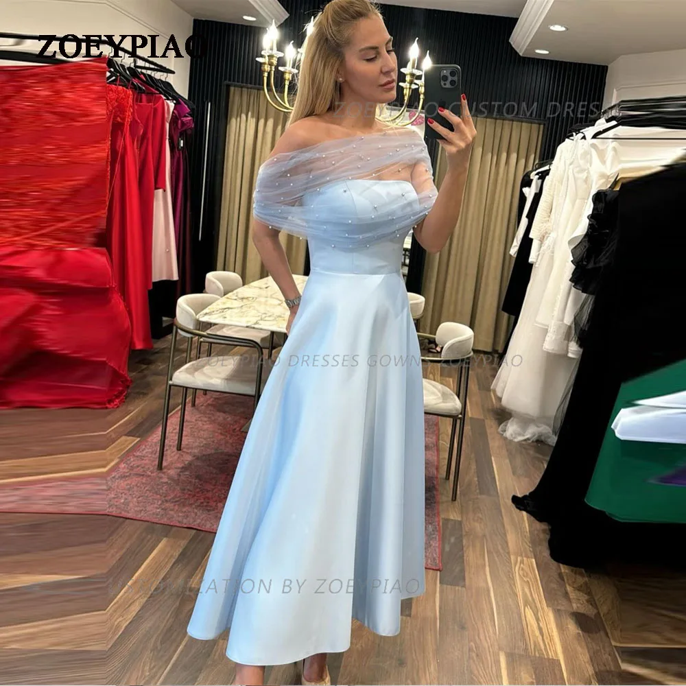 

Stunning Sky Blue Pearls Prom Dresses Women Evening Gowns Short Off Shoulder 2PCS Sweet Girl Celebrity Formal Party Dress