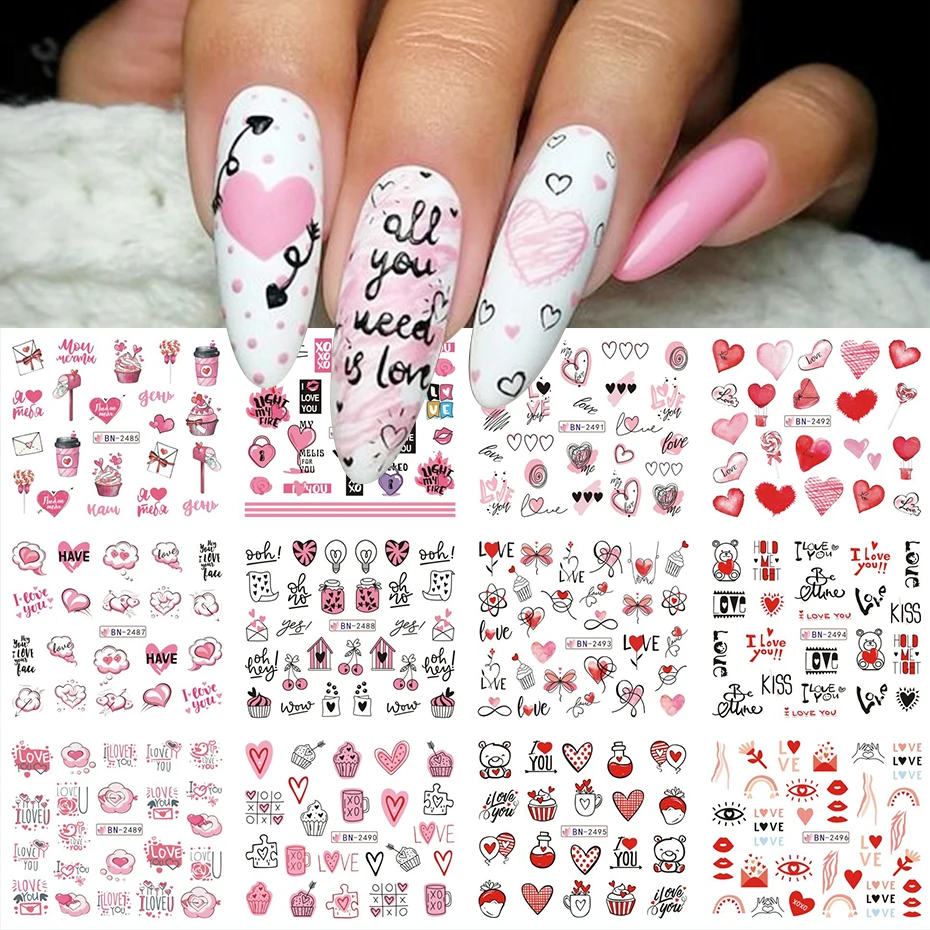 12pcs Valentines Nail Stickers Sweet Love Letter Water Decals Cute Nail