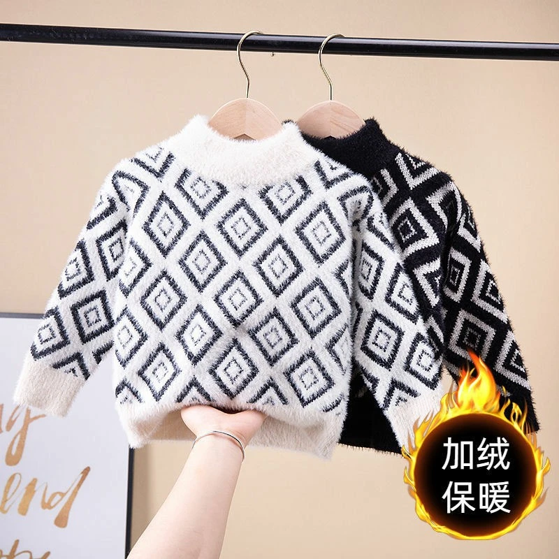 

Свитер для мальчиков, хлопковая верхняя одежда, топы 2022, черная теплая плотная бархатная зимняя вязаная детская одежда больших размеров