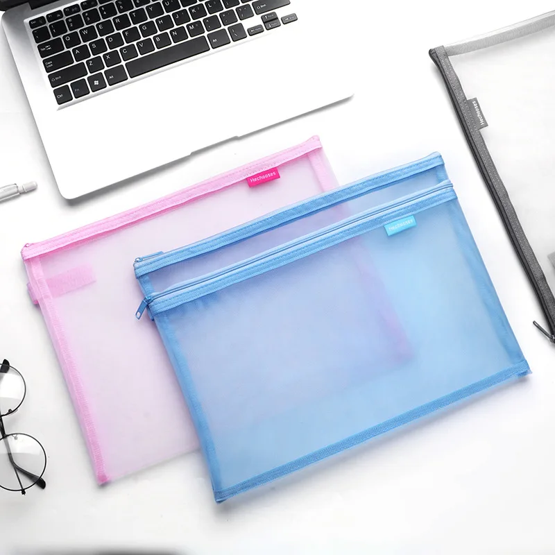 

A4 Simple Transparent Mesh Pocket Folders File Bag Data Storage Student Exam Grid Zipper Stationery Bags Office Supplies
