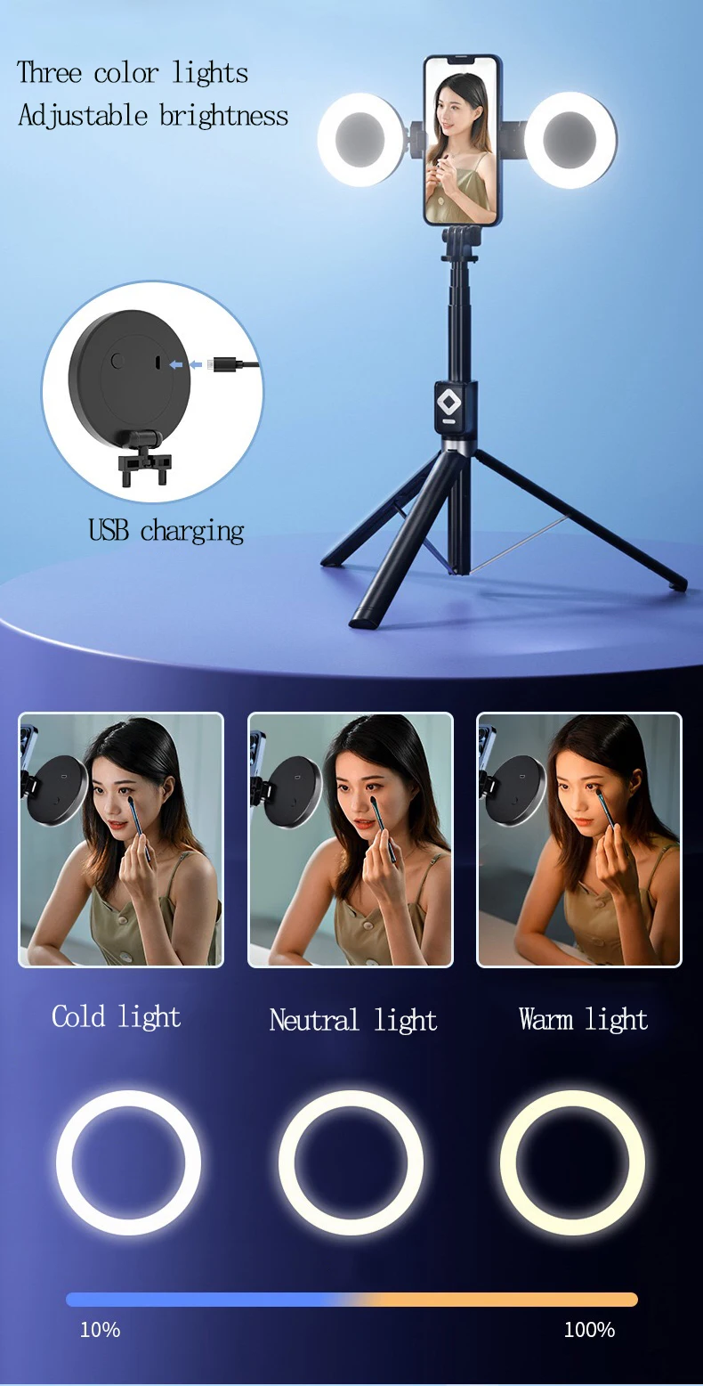 Description Picture 6 of item1.7m Extendable live Tripod Selfie Stick Support LED Ring Dual Light Mirror Stand 4 in 1 Phone Mount for iPhone 15 14 11 Android