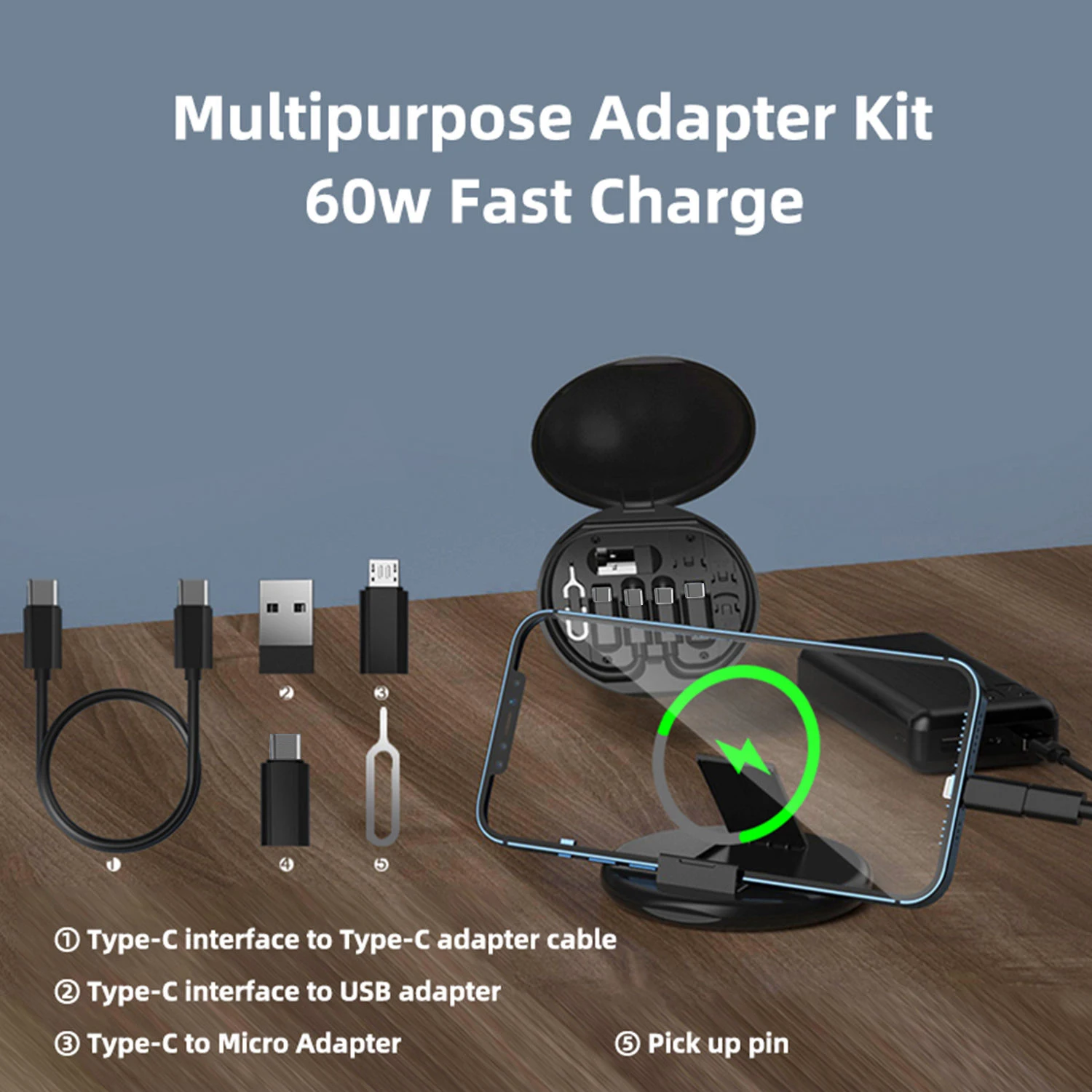 60W 타입-C to USB-C to 마이크로 USB to 라이트닝 고속 충전 어댑터 키트 (아이폰 14, 13, 12 Pro OTG 컨버터 멀티 스토리지 박스 포함)