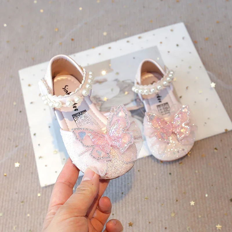 Chic Girls Dress Shoes for Wedding Party Bling Sequins with Rhinestone Butterfly Sweet Princess Chic Kids Flat Shoes Lace Beaded
