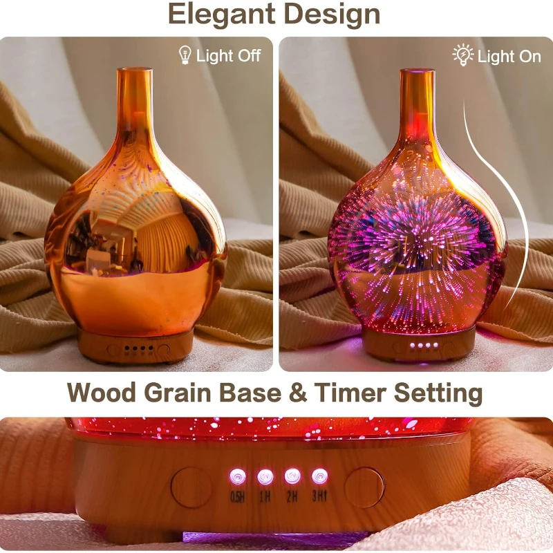 Porseme Essential Oil Diffuser 3D Glass Humidifier 7 Color Changing LEDs Waterless Auto-Off Timer Setting bpa Free ultrasonic 3