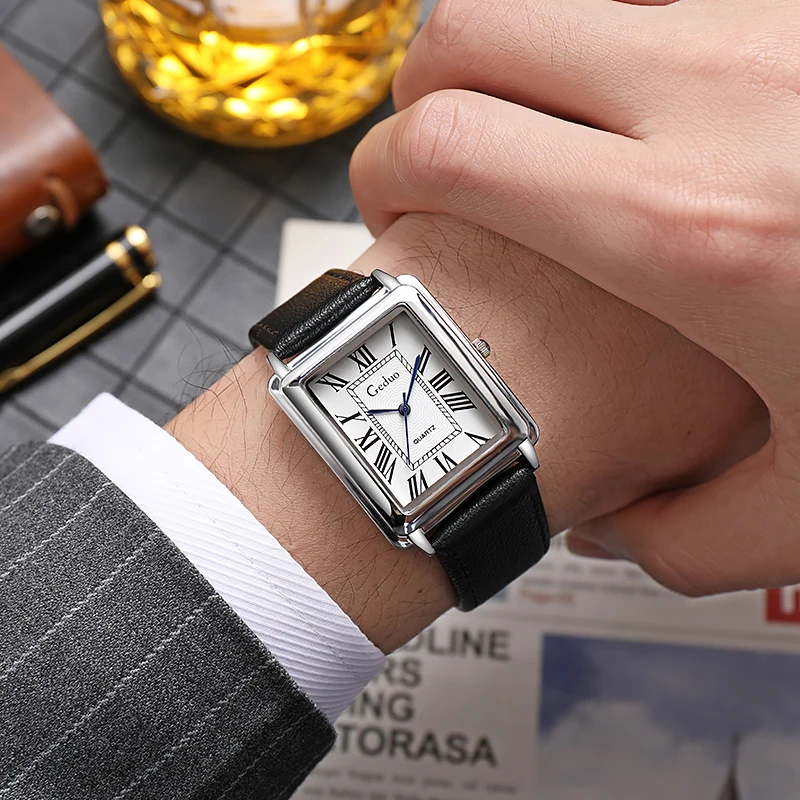 

New Fashion Designer Rectangle Dial Quartz Watch For Men Casual Leather Strap Luxury Business Wristwatch Relogio Masculino