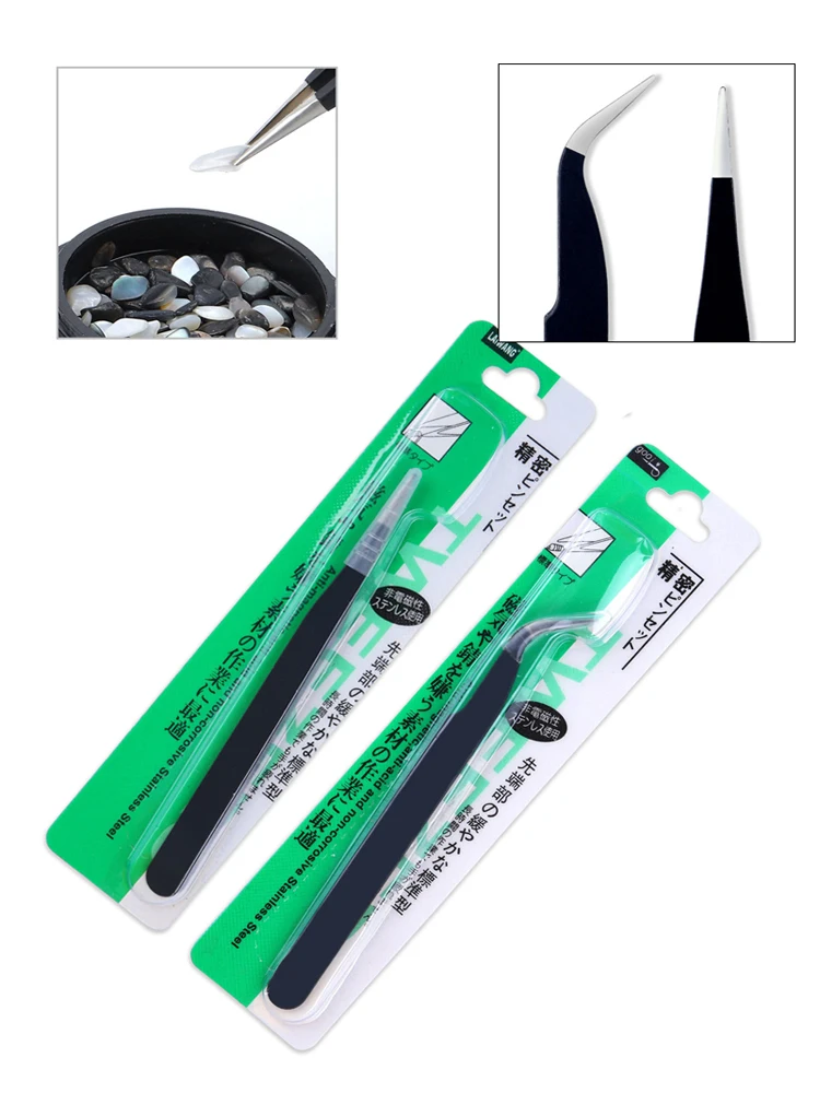 2Pcs Stainless Steel Precision Tweezers Point Drilling and Hair Removal Clamp Durable Nail Tool Straight, Curved Black Wholesale 6